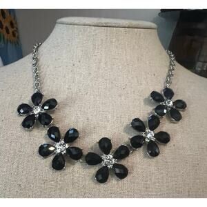 Paparazzi Floral Fun Black Flower and Rhinestone Silver tone Short Necklace